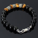 Handmade Men Women Healing Gemstone Bracelet Black Obsidian Tiger Eye 925 Sterling Silver Spacers Clasp DiyNotion BR123C