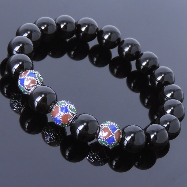 Men's Women Black Onyx Sterling Silver Bracelet 925 Hand-painted Beads Gemstone DiyNotion Handmade BR022