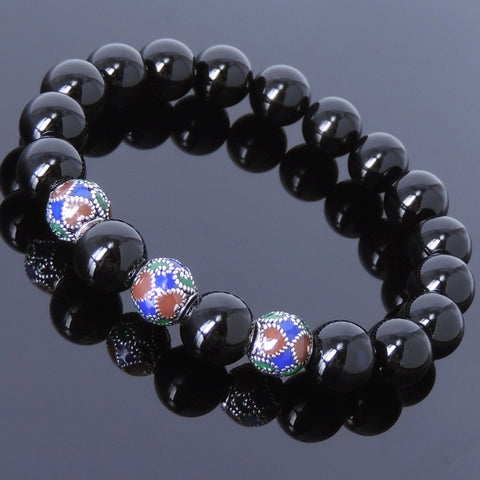 Men's Women Black Onyx Sterling Silver Bracelet 925 Hand-painted Beads Gemstone DiyNotion Handmade BR022