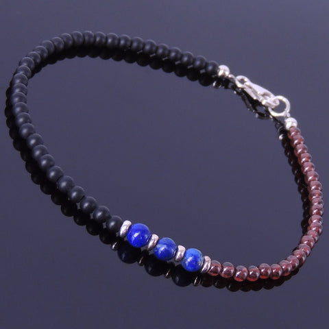 Garnet Lapis Anklet Matte Black Onyx Gemstone 925 Sterling Silver Clasp for Men Women DiyNotion Handmade AN007