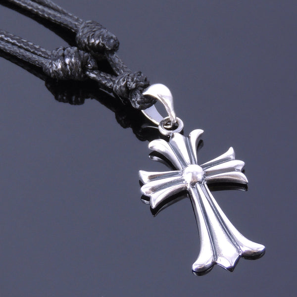 Men's Women Handmade Adjustable Necklace with 925 Sterling Silver Cross Pendant Wax Rope DiyNotion NK014