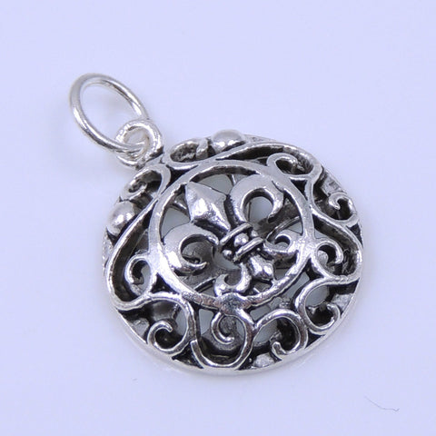 S925 Sterling Silver 17mm Celtic Vintage Round Fleur de Lis Pendant 3g Wholesale Retail WSP224