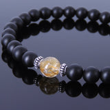 Handmade Men Women Gemstone Bracelet Golden Rutilated Quartz Matte Black Onyx 925 Sterling Silver Spacer DiyNotion BR420