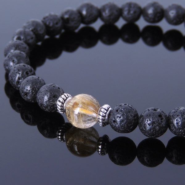 Handmade Men Women Gemstone Bracelet Golden Rutilated Quartz Lava Rock 925 Sterling Silver Spacer DiyNotion BR421