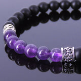 Handmade Men Women Gemstone Bracelet Matte Black Onyx Amethyst 925 Sterling Silver Fleur de Lis DiyNotion BR423