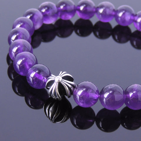 Handmade Men Women Gemstone Bracelet Amethyst 925 Sterling Silver Cross DiyNotion BR425