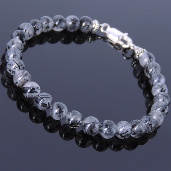 Handmade Men Women Gemstone Bracelet Black Rutilated Quartz 925 Sterling Silver Clasp DiyNotion BR422