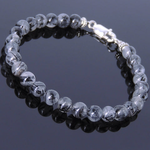Handmade Men Women Gemstone Bracelet Black Rutilated Quartz 925 Sterling Silver Clasp DiyNotion BR422