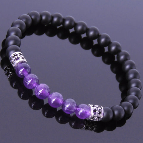 Handmade Men Women Gemstone Bracelet Matte Black Onyx Amethyst 925 Sterling Silver Fleur de Lis DiyNotion BR423