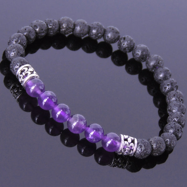 Handmade Men Women Gemstone Bracelet Lava Rock Amethyst 925 Sterling Silver Fleur de Lis DiyNotion BR424