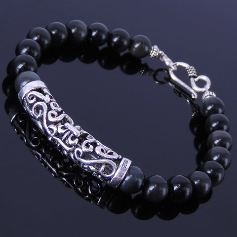 Handmade Men Women Gemstone Bracelet Black Obsidian 925 Sterling Silver Charm DiyNotion BR126