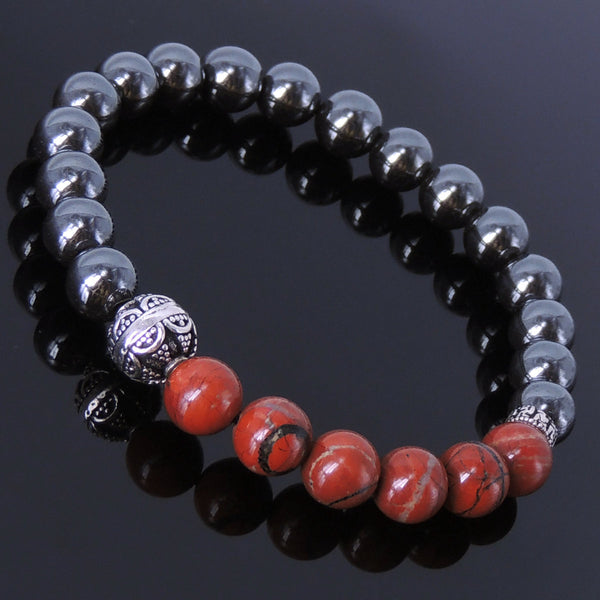 Handmade Men Women Gemstone Bracelet Hematite Jasper Stone 925 Sterling Silver Bead DiyNotion BR137