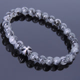 Handmade Men Women Gemstone Bracelet Black Rutilated Quartz 925 Sterling Silver Cross Bead DiyNotion BR428