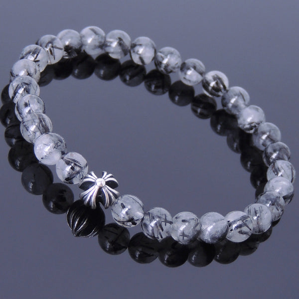 Handmade Men Women Gemstone Bracelet Black Rutilated Quartz 925 Sterling Silver Cross Bead DiyNotion BR428