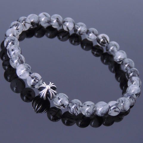 Handmade Men Women Gemstone Bracelet Black Rutilated Quartz 925 Sterling Silver Cross Bead DiyNotion BR428