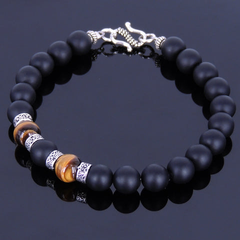 Handmade Men Women Gemstone Bracelet Matte Black Onyx Tiger Eye 925 Sterling Silver Clasp DiyNotion BR153