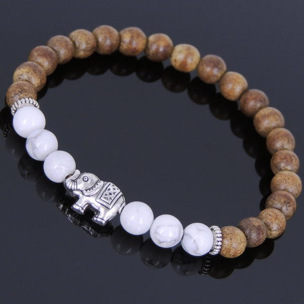 Handmade Agarwood Bracelet White Howlite Tibetan Silver Elephant Prayer Meditation Mala MEN WOMEN DiyNotion A039
