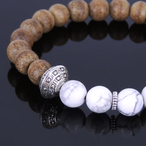 Handmade Agarwood Bracelet White Howlite Tibetan Silver Charm Prayer Meditation Mala MEN WOMEN DiyNotion A036