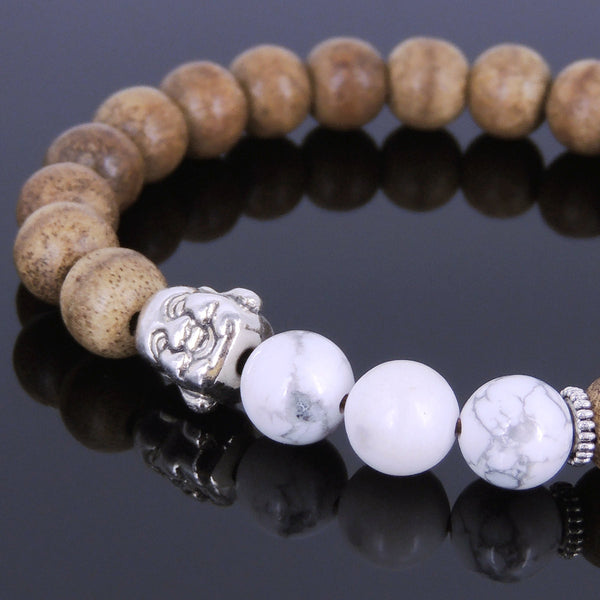 Handmade Agarwood Bracelet White Howlite Tibetan Silver Buddha Prayer Meditation Mala MEN WOMEN DiyNotion A033