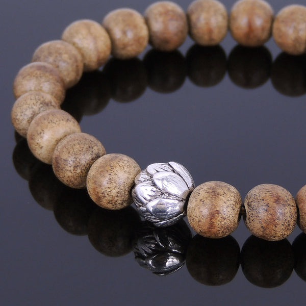 Handmade Agarwood Bracelet Tibetan Silver Lotus Prayer Meditation Mala MEN WOMEN DiyNotion A002