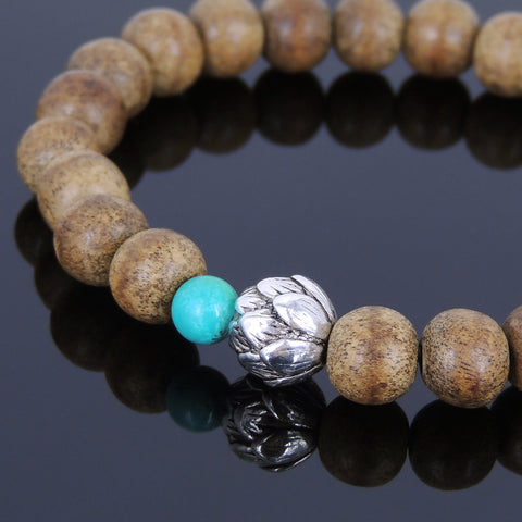 Handmade Agarwood Bracelet Turquoise Tibetan Silver Lotus Prayer Meditation Mala MEN WOMEN DiyNotion A019