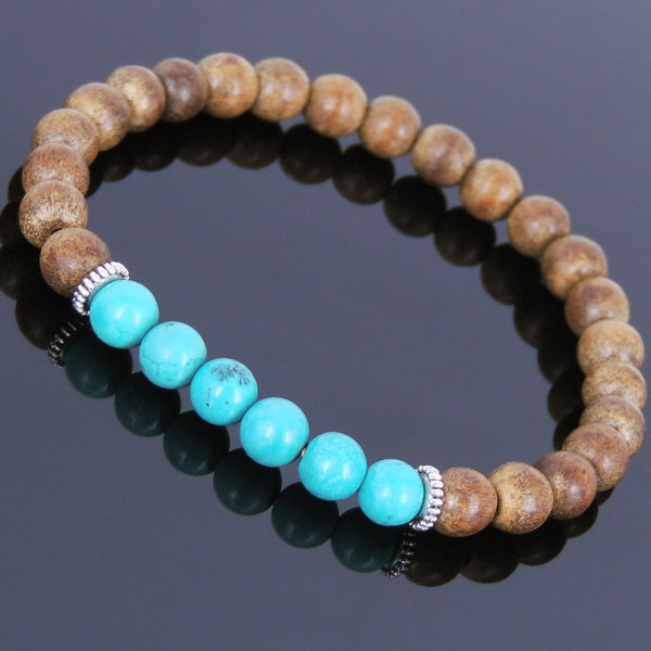 Handmade Agarwood Bracelet Turquoise Tibetan Silver Spacers Prayer Meditation Mala MEN WOMEN DiyNotion A023