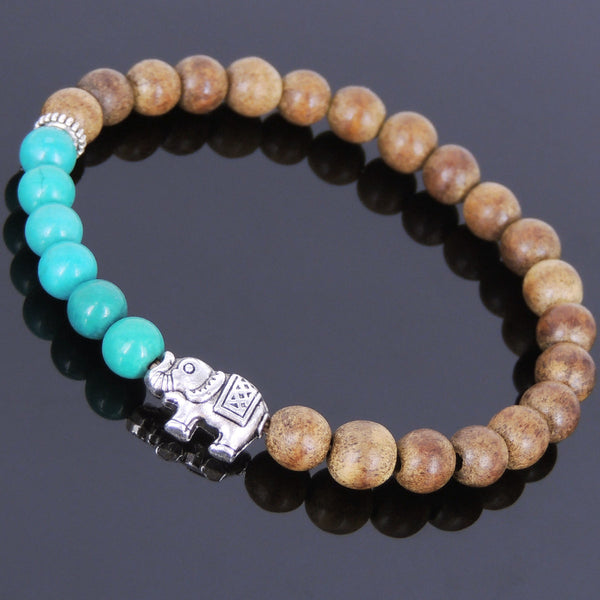 Handmade Agarwood Bracelet Turquoise Tibetan Silver Elephant Prayer Meditation Mala MEN WOMEN DiyNotion A027