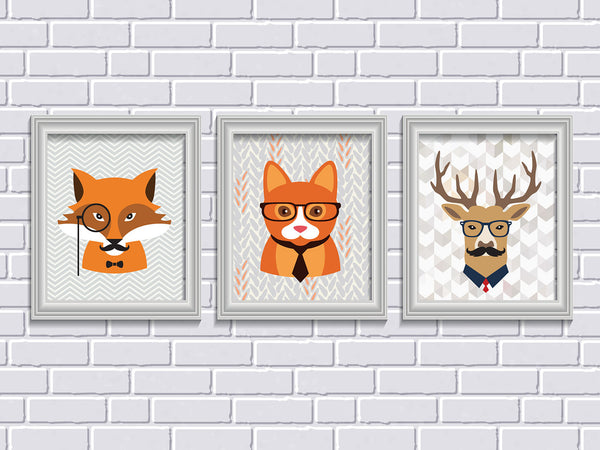 Hipster Animals Fox Cat Deer Set of 3 Prints Printable Wall Art   INSTANT DOWNLOAD  Printable file, Modern Wall art, Chevron Print