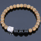 Handmade Agarwood Bracelet Black Obsidian Tibetan Silver Lotus Prayer Meditation Mala MEN WOMEN DiyNotion A043