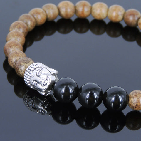 Handmade Agarwood Bracelet Black Obsidian Tibetan Silver Lotus Prayer Meditation Mala MEN WOMEN DiyNotion A043