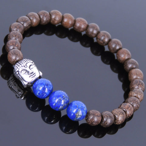 Men Women Red Agarwood Lapis Bracelet 925 Sterling Silver Buddha Head DiyNotion BR438