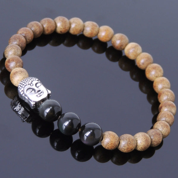 Men Women Agarwood Black Obsidian Bracelet 925 Sterling Silver Buddha Head DiyNotion BR439