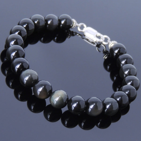 Men Women Black Obsidian Bracelet 925 Sterling Silver Spacer Clasp DiyNotion BR445
