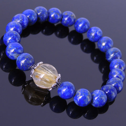 Men Women Lapis Bracelet Golden Rutilated Quartz Gemstone 925 Sterling Silver Bead Caps DiyNotion BR459