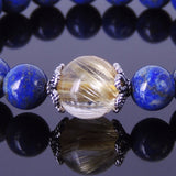 Men Women Lapis Bracelet Golden Rutilated Quartz Gemstone 925 Sterling Silver Bead Caps DiyNotion BR459