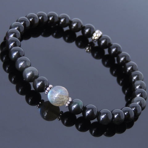 Men Women Labradorite Black Obsidian Bracelet 925 Sterling Silver Spacers DiyNotion BR450