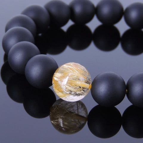 Men Women Golden Rutilated Quartz Matte Black Onyx Bracelet Healing Gemstone DiyNotion BR458