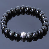Men Women Black Obsidian Bracelet 925 Sterling Silver Round Bead DiyNotion BR454