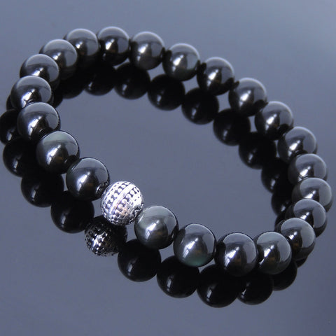 Men Women Black Obsidian Bracelet 925 Sterling Silver Round Bead DiyNotion BR454