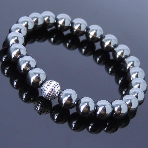 Men Women Hematite Bracelet Gemstone 925 Sterling Silver Round Bead DiyNotion BR457