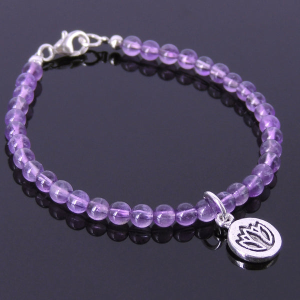 Men's Women Amethyst Sterling Silver Bracelet Gemstone 925 Lotus Pendant DiyNotion Handmade BR164