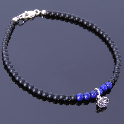 Lapis Matte Black Onyx Anklet Gemstone 925 Sterling Silver Lotus Pendant Clasp DiyNotion Handmade AN020