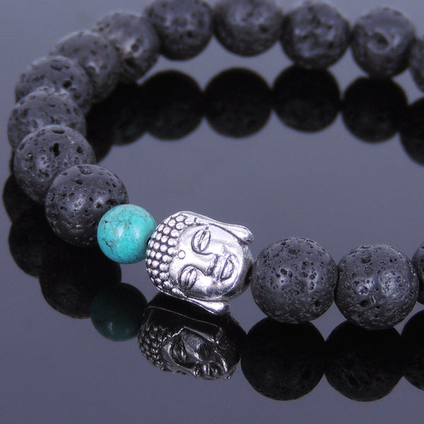 Lava Rock Turqoise Tibetan Silver Bracelet Buddha Yoga Mala for Men Women DiyNotion Handmade T001