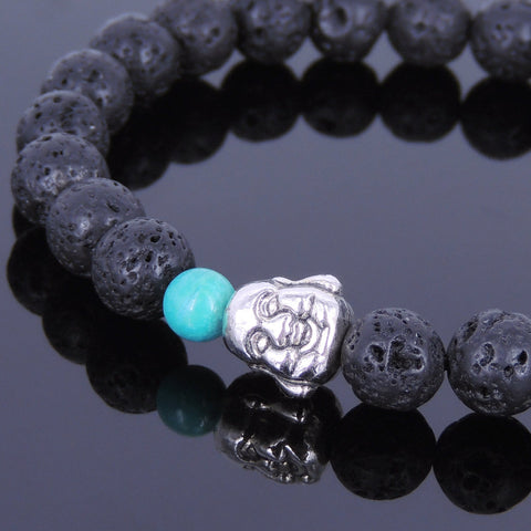 Lava Rock Turqoise Tibetan Silver Bracelet Buddha Yoga Mala for Men Women DiyNotion Handmade T002