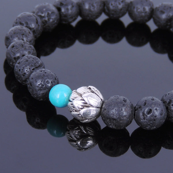 Lava Rock Turqoise Tibetan Silver Bracelet Lotus Bead Yoga Mala for Men Women DiyNotion Handmade T003