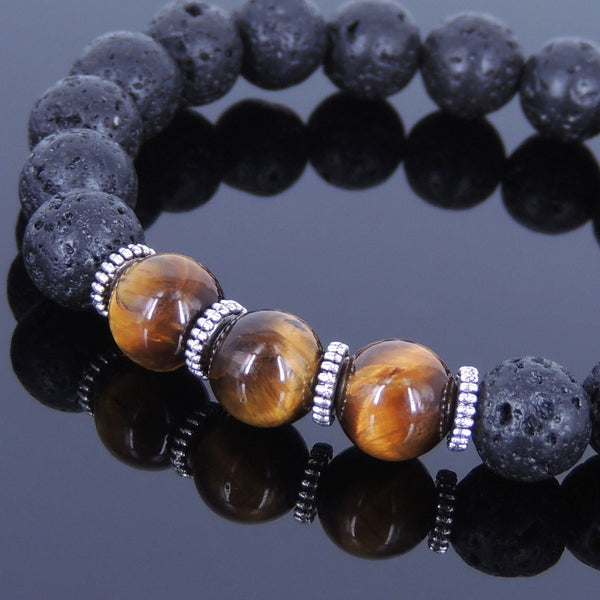 Lava Rock Tiger Eye Tibetan Silver Bracelet Spacers Yoga Mala for Men Women DiyNotion Handmade T016