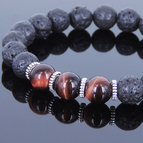 Lava Rock Tiger Eye Tibetan Silver Bracelet Spacers Yoga Mala for Men Women DiyNotion Handmade T017