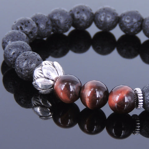 Lava Rock Tiger Eye Tibetan Silver Bracelet Lotus Spacer Yoga Mala for Men Women DiyNotion Handmade T023