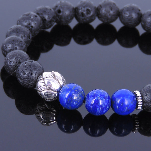Lava Rock Lapis Tibetan Silver Bracelet Lotus Spacer Yoga Mala for Men Women DiyNotion Handmade T024