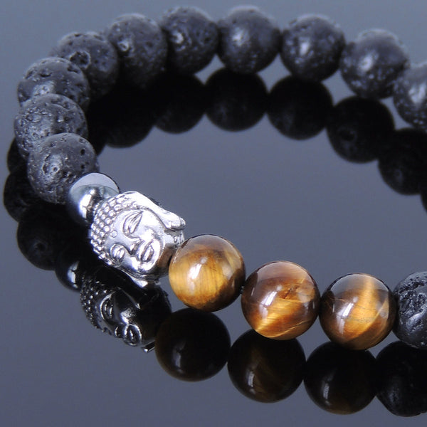 Lava Rock Tiger Eye Tibetan Silver Bracelet Charm Yoga Mala for Men Women DiyNotion Handmade T037